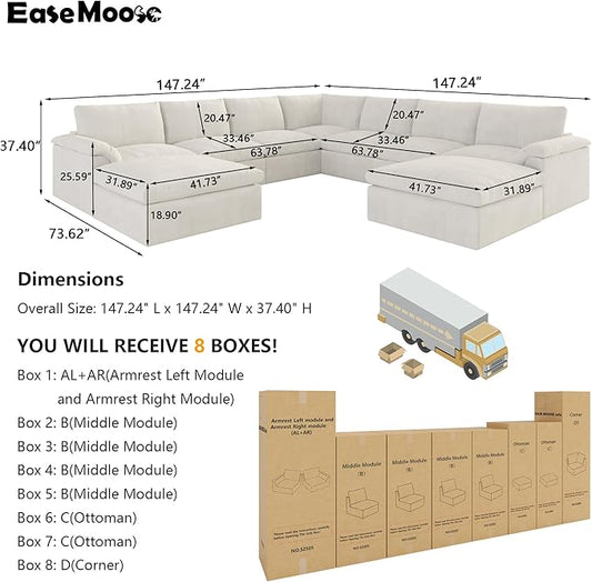 EASE MOOSE Oversized Sectional Cloud Couch, 9-Seat Modular Boneless Sofa Set with Deep Seat, No-Assembly Chenille Sofa for Living Room, White