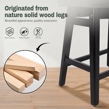 Counter Height Bar Stools Set of 2 for Kitchen Counter Farmhouse Modern Barstools with Faux Leather Upholstered Backless Seat and Solid Wood Legs 24 inch Bar Chairs, Grey + Black