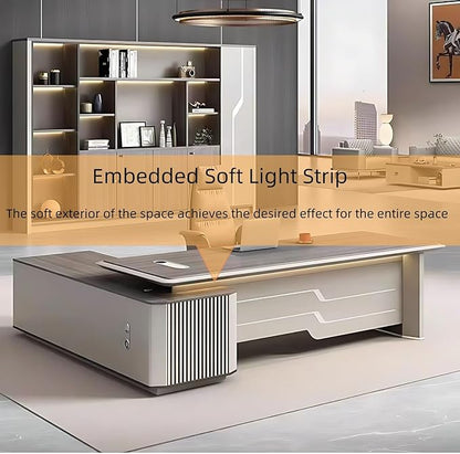 94IN Executive Office Desk - Large Office Desk L Shaped Computer Desk with 2 Drawers & Grille Design | Thickened Countertop & Large Capacity Side Cabinet Storage & Metal Cabinet Handle