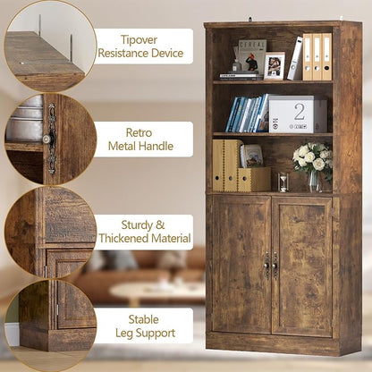 72'' Tall Bookcase with Doors, Adjustable Shelves, P2 MDF Construction, 32'' Wide Freestanding Cabinet with Metal Handles, Hidden Storage for Living Room, Bedroom, Brown