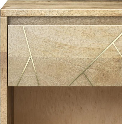 SIMPLIHOME Jager Bedside Table - 22 inch Wide Solid Mango Wood Nightstand in Natural, Mid Century Contemporary Bedroom Side or End Table with Brass Metal Inlay, 1 Drawer, and Open Storage