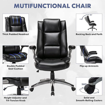 COLAMY Leather Executive Office Chair - High Back Home Computer Desk Chair with Padded Flip-up Arms, Adjustable Tilt Lock, Swivel Rolling Ergonomic Chair for Adult Working Study, Black