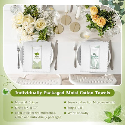 50 Pcs Moist Towelettes Individually Wrapped Scented Disposable Face Towels Essential Oil Infused Moist Terry Cotton Towel for Use Hot or Cold Travel Body Spa (Mint, Eucalyptus Leaves)