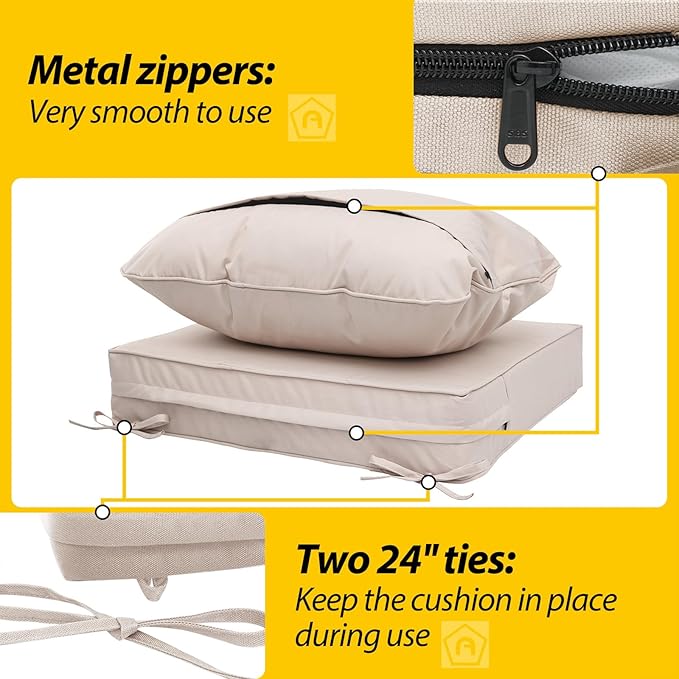 AAAAAcessories Outdoor Deep Seat Cushions, Waterproof, Fade-Resistant Patio Furniture Replacement Cushions, 23.5" x 25.5" x 5" + 23.5" x 19", Set of 4, Khaki Beige