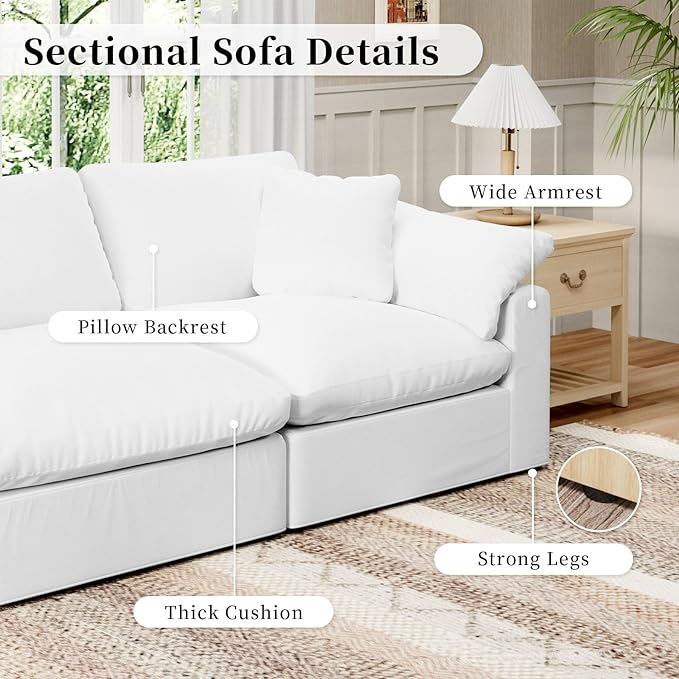 Modular Sectional Sofa Cloud Couch,Down Filled Comfy Cloud Modern Sofa,White Linen L Shape Oversized Couch Cushion Covers Removable for Living Room