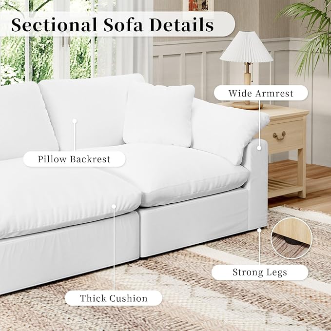 Modular Sectional Sofa Cloud Couch,Down Filled Comfy Cloud Modern Sofa,White Linen U Shape 6 Seater Oversized Couch Cushion Covers Removable for Living Room