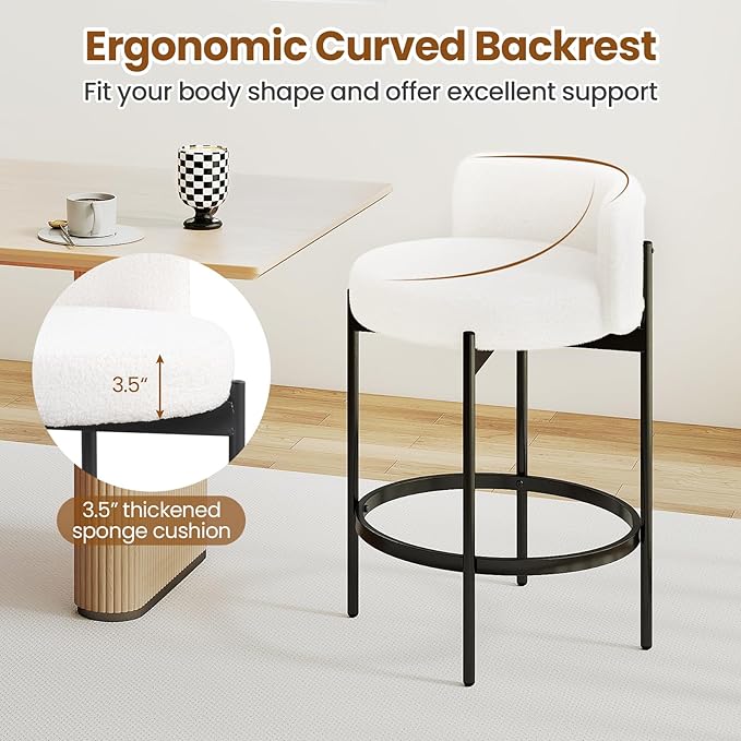 COSTWAY Counter Height Bar Stools Set of 4, 24.5 Inch Boucle Modern Barstools w/Curved Backrest, Metal Frame, Comfy Footrest, Upholstered Island Chairs for Dining Room, Kitchen, Cafe, 400 LBS Max Load