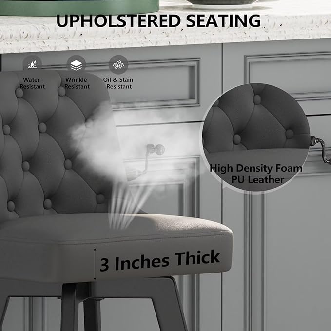 MINCETA Bar Stools Set of 2, PU Leather Barstools, 26 Inch Upholstered Counter Stools with Low Tufted Back and Footrest, Swivel Counter Height Barstools for Kitchen Island Home Bar Dark Gray
