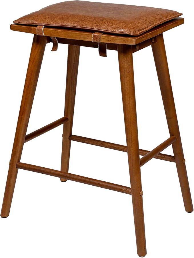 JONATHAN Y CSL2002A Peroni 26" MidCentury Classic Saddle-Seat Solid Wood/Vegan Leather Backless Counter Stool with Removeable Cushion for Pool, Deck, Poolside, Chestnut Brown