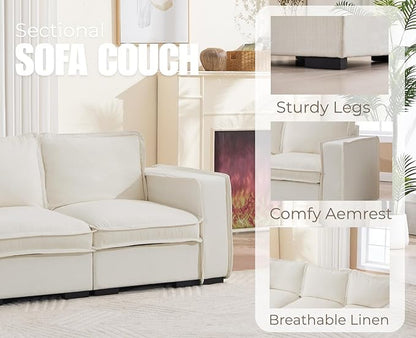 EALSON 119" Modular Sectional Sofa Comfy Cloud Couch with Ottoman Modern Convertible L Shape Couches with Wooden Legs Linen Deep Seat Couch 4-Seater Sofa with Ottoman for Living Room/Apartment,White