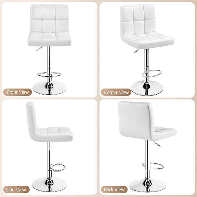 Yaheetech Bar Stools Set of 4, PU Leather Adjustable Swivel Barstools, Modern Armless Bar Chairs with Bigger Base, Thickened Seat Cushion, Square Island Barstools for Kitchen Island, White
