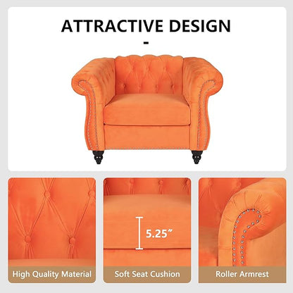 Accent Sofa Chair for Living Room, Mid Century Modern Velvet Upholstered Armchair, Oversized Comfy Single Couch Chair with Cushion, Tufted Chesterfield Sofa Couch for Home, Bedroom, Apartment (Orange)