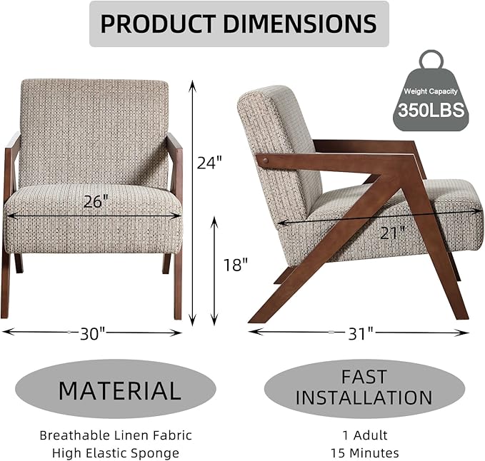 INZOY Mid Century Modern Accent Chair with Wood Frame, Upholstered Reading Armchair with Soft Linen Fabric, Accent Chair for Living Room Bedroom Apartment, Easy Assembly, Brown