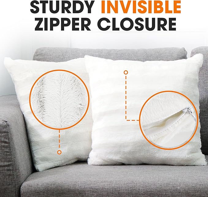Cheer Collection Faux Fur Throw Pillows - Decorative Pillows for Couch, Bed Throw Pillows, White Accent Pillows for Bedroom or Living Room Aesthetic, Set of 2 Furry Throw Pillows, 22" x 22"