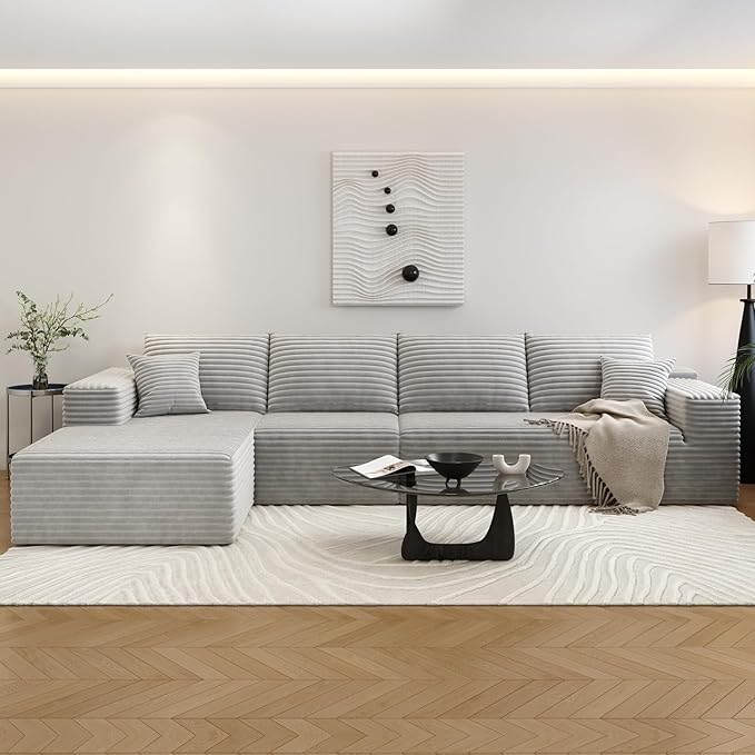 135.4" Cloud Sectional Couch with L-Shape Chaise,Modern Modular Sofa with Deep Seat, Upholstered Couches for Living Room Bedroom Apartments,No Assembly Required, (Grey,Left Facing Chaise)