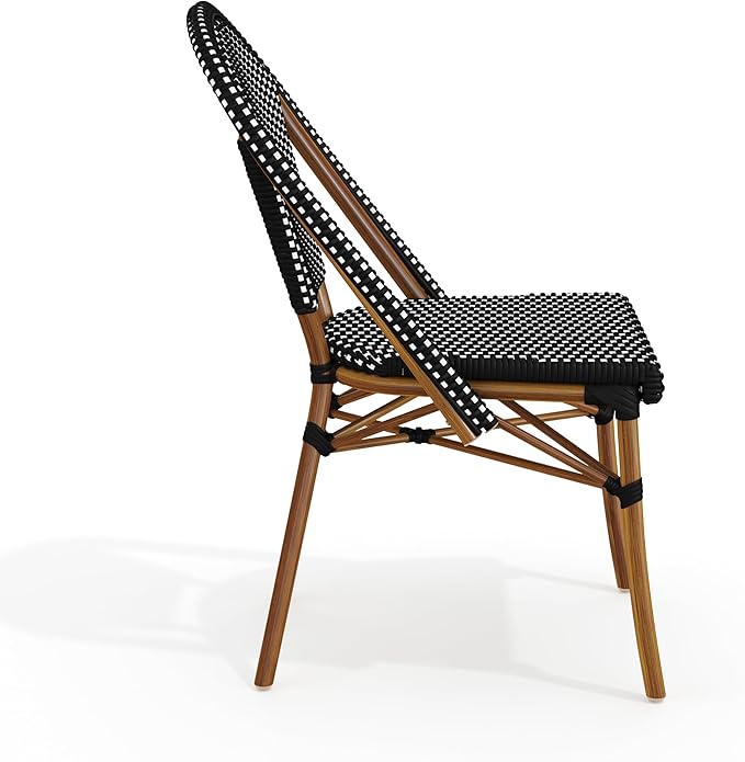 Martha Stewart Lily Pond Indoor-Outdoor Stackable Aluminum Bistro Chair with Natural Woodgrain Frame Finish and Black/White Woven Rattan Backrest and Seat