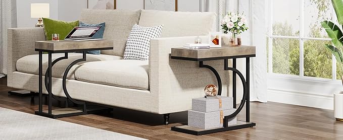 Tribesigns Narrow Side Table C Shaped End Table Modern Bedside Tables for Couch, Small Sofa Chairside Tables with Metal Frame for Living Room (2, Gray+Black)