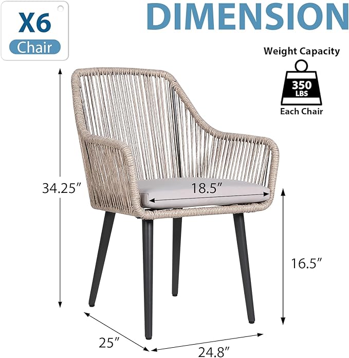 JOIVI Outdoor Dining Chairs Set of 6, 6 Pieces Woven Rope Patio Chairs with Armrest and Seat Cushions for Outside Porch, Balcony or Indoor Dining Kitchen, Restaurant, Tan