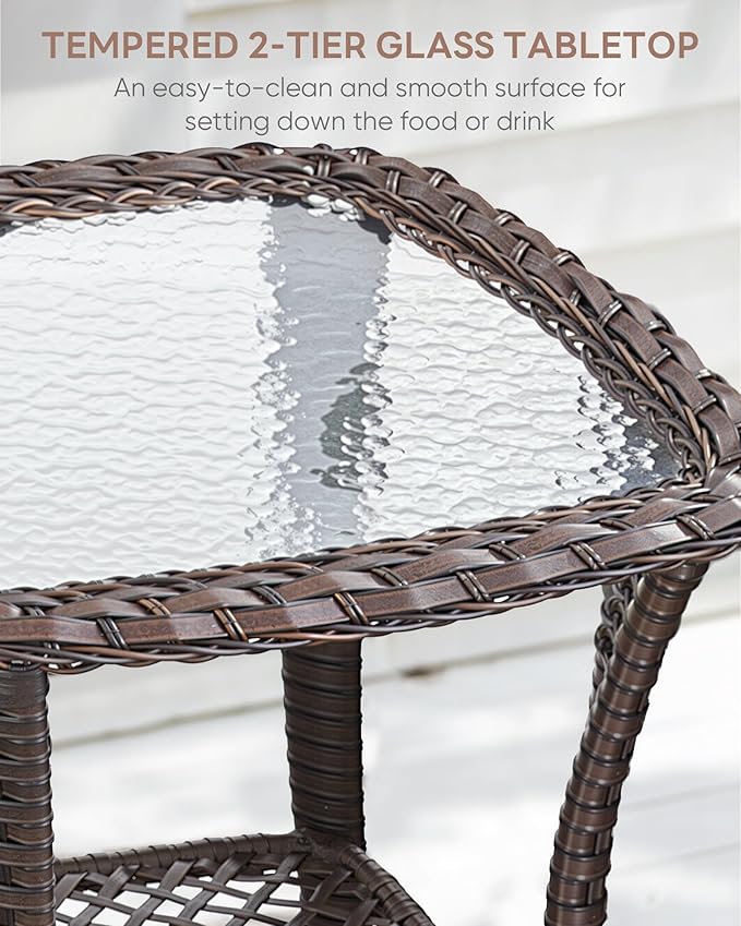 3 Piece Patio Swivel Chairs and Side Table Set - High Back Outdoor Brown Wicker Rattan Rocking Glider with Thick Cushions for Porch Apartment Deck Yard Poolside Garden - Red