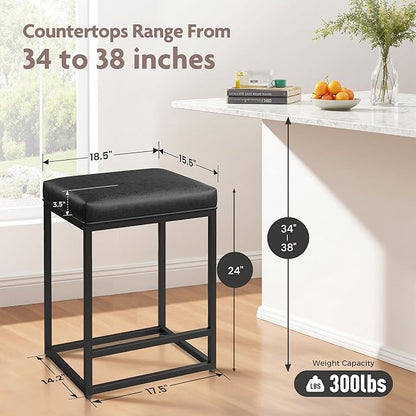 ALPHA HOME 24 Inch Counter Height Bar Stools Set of 4, Upholstered Bar Stools for Kitchen Island, Counter Stools with Faux Leather Cushion and Sturdy Metal Frame, Modern Barstools, Black