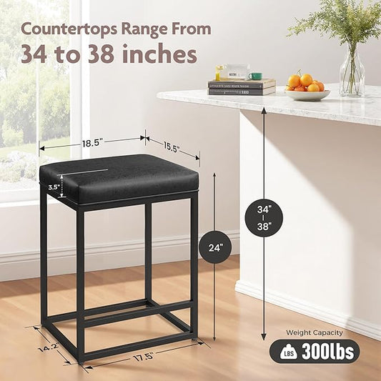 ALPHA HOME 24 Inch Counter Height Bar Stools Set of 4, Upholstered Bar Stools for Kitchen Island, Counter Stools with Faux Leather Cushion and Sturdy Metal Frame, Modern Barstools, Black