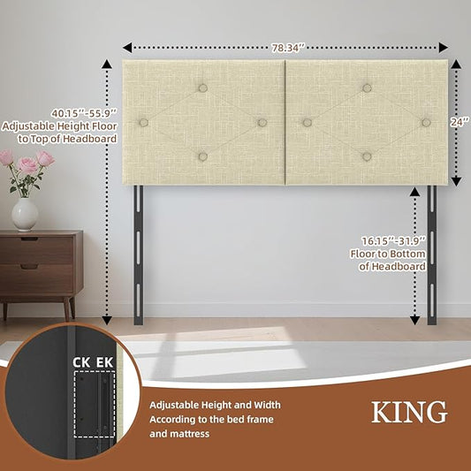 Upholstered King Size Headboard, Linen Fabric Headboard with Solid Wood & Sturdy Metal Legs, Adjustable Height Bed Headboards King Tufted in Modern Button Design, Linen
