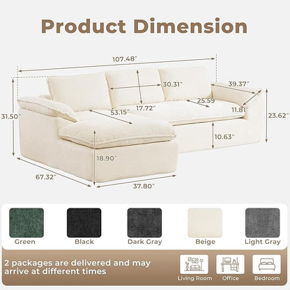 Modular Sectional Sofa, 107.5" L-Shaped Boneless Couch with Deep Seat, Modern Minimalist Upholstered Cloud Sectional Couch for Living Room Bedroom, No Assembly Required, Beige Corduroy