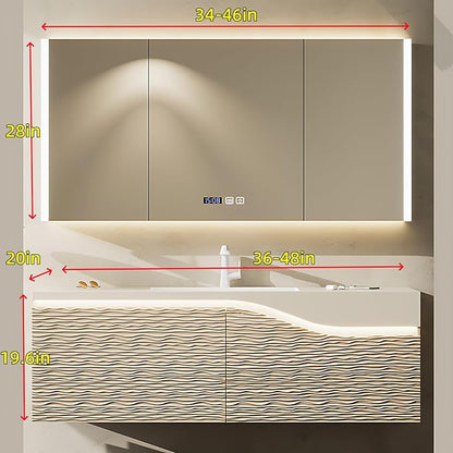 44in Elegant Modern Luxury Bathroom Vanity with Sink - Wall Mounted Solid Wood Cabinet & Smart LED Defogging Mirror | Single Sink Bathroom Cabinets