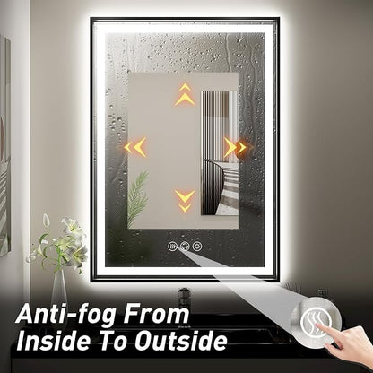 LED Bathroom Mirror, 20x28 Inch Frontlit & Backlit Black Framed Lighted Mirror,Wall Mouted Vanity with Lights,Double Lights Strips,Anti Fog Stepless 3 Colors Temperature & Dimmable