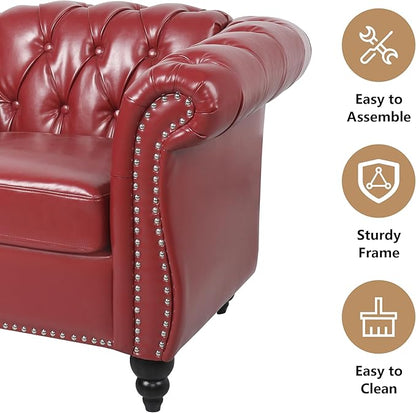 2 Piece Living Room Sofa Set, 3 Seater Faux Leather Sofa Couch and Chair Set, Mid Century Modern Upholstered Couch with Cushions, Comfy Tufted Chesterfield Couches for Bedroom, Office (Wine Red)