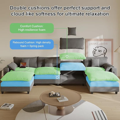 Cloud Couch, Modular Sectional Sofa with Ottoman, Charging Station, Throw Pillows, Cup Holders, Modern Convertible L Shaped Couches for Living Room, Bedroom (Grey, 152"- U Shape)