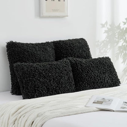 FUTEI Black Decorative Throw Pillow Covers 24x24 Inch Set of 2,Soft Fluffy Faux Wool Fur Boucle Textured European Cushion Case,Modern Home Decor for Couch Bed Living Room Office