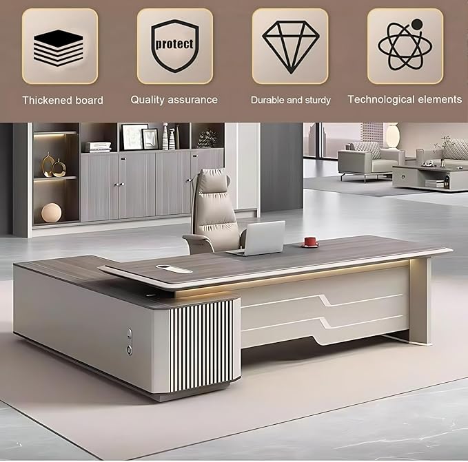 78IN Executive Office Desk - Large Office Desk L Shaped Computer Desk with 2 Drawers & Grille Design | Thickened Countertop & Large Capacity Side Cabinet Storage & Metal Cabinet Handle