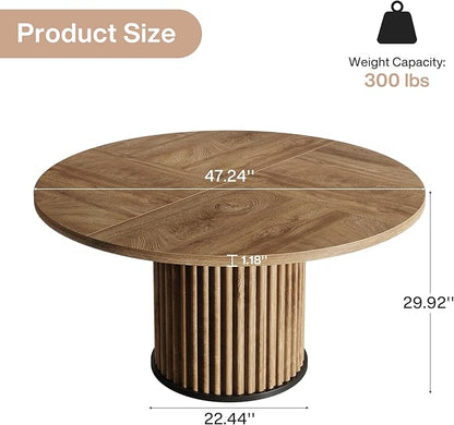 Tribesigns Round Dining Table for 4-6, 47-Inch Modern Circle Kitchen Table with Fluted Round Base, Farmhouse Wood Dinner Table for Dining Room, Kitchen, Living Room, Brown