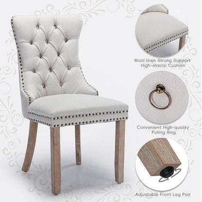 Linen Upholstered Dining Chairs Set of 6, Modern Style Kitchen Side Chairs with Nailhead Trim and Wood Leg, Metal Pulling Ring for Dining Room Living Room(Beige,Set of 6)