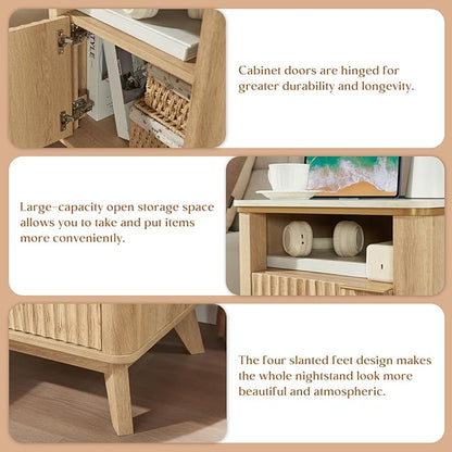 QUW Fluted Nightstands with Charging Station, 18" Modern Side Table, Wooden Bedside Table with Faux Marble Top, Open Storage, Cabinet, End Table for Bedroom, Living Room, Natural Oak