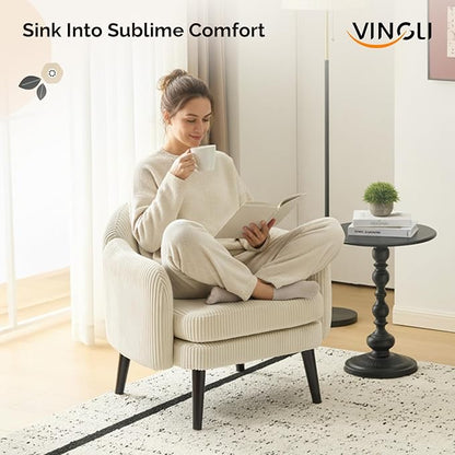 VINGLI 30.3" Wide Modern Barrel Accent Armchairs Set of 2 with Track Armrest, Solid Wooden Legs, Comfy Upholstered Club Chairs, Single Home Sofa for Living Room, Bedroom, Reading Room, Corduroy Beige