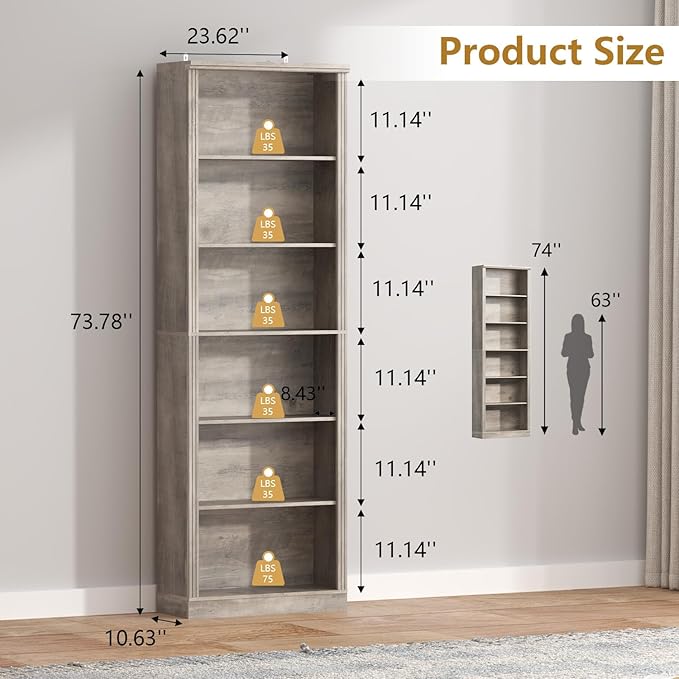 75" Tall Bookshelf & Bookcase, 6-Tier Adjustable Storage Shelves, Book Shelf with Anti-Tipping Device, Floor Standing Modern Display Rack for Living Room, Bedroom, Office, Grey