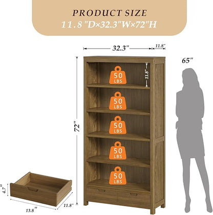 TVU 5-Tier Solid Wood Bookshelf with 2 Drawers, 72-inch Tall Standing Bookcase, 17.7" Wide Open Display Shelf for Living Room, Study, Office Storage, Deep Wood Color (72" H × 32.3" W × 11.8" D)