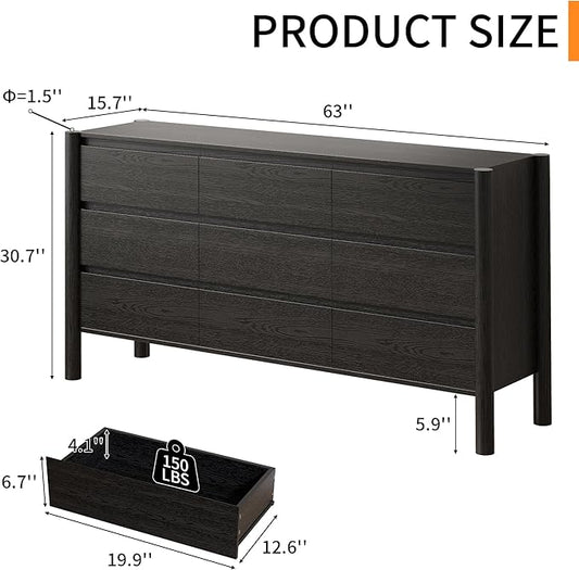 Dresser for Bedroom with 9 Drawers,63" Wide Black Dresser with 4 Solid Wood Legs, Wooden TV Stand,Closet Clothes Organizer for Bedroom, Hallway