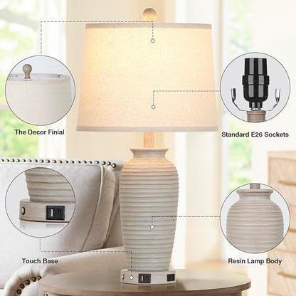 25" Farmhouse Jar Table Lamps Set of 2, 3 Way Touch Control Rustic Bedside Lamps with USB A+C Ports & AC Outlet, Pot Nightstand Lamps for Bedroom Living Room (LED Bulbs Included)