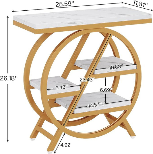Tribesigns End Table Set of 2, Modern Faux Marble Side Table for Living Room, 3 Tier Narrow Sofa Side Table with Storage and Metal Frame, Nightstand and Bedside Table for Bedroom, Gold & White