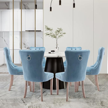 Velvet Upholstered Dining Chairs Set of 6, Modern Style Kitchen Side Chairs with Nailhead Trim and Wood Legs,Metal Pulling Ring for Dining Room Living Room(Sky Blue,Set of 6)