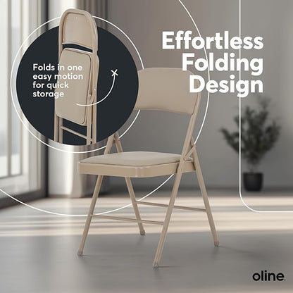 Oline Vinyl Folding Chairs, Padded Vinyl Cushion Chairs with Durable Metal Frame, Indoor Outdoor Stackable Foldable Guest Chairs for Office Wedding Kitchen Dining, 300lb Capacity (Khaki, 2 Pack)