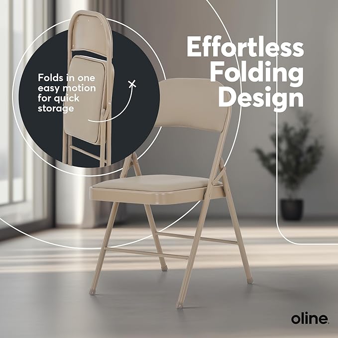 Oline Vinyl Folding Chairs, Padded Vinyl Cushion Chairs with Durable Metal Frame, Indoor Outdoor Stackable Foldable Guest Chairs for Office Wedding Kitchen Dining, 300lb Capacity (Khaki, 4 Pack)