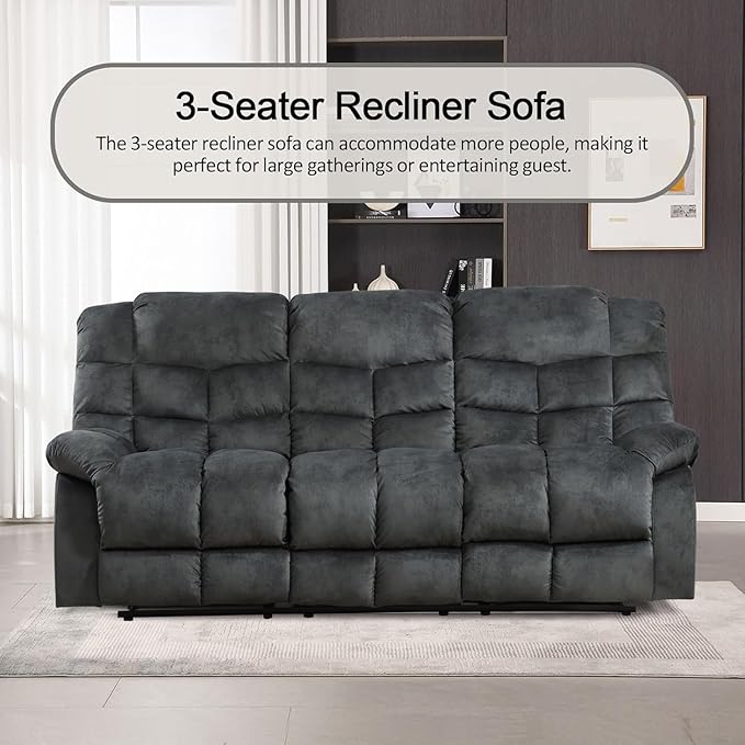 CANMOV Manual Reclining Sofa, 3 Seat Recliner Sofa with Armrest and Overstuffed Backrest, Couch Set for Living Room, Bedroom, Office, Grey