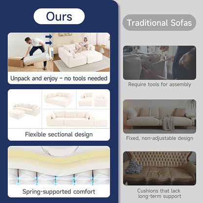 2025 New 108" Cloud Couch Sectional, Modular Sectional Sofa with L-Shaped Chaise, Deep Seat Sectional Modular Couch for Living Room, No Assembly Required (Beige, Chaise Ottoman)