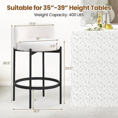 COSTWAY Counter Height Bar Stools Set of 2, 24.5 Inch Boucle Modern Barstools w/Curved Backrest, Metal Frame, Comfy Footrest, Upholstered Island Chairs for Dining Room, Kitchen, Cafe, 400 LBS Max Load