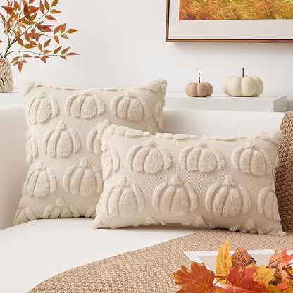 Kevin Textile Fall Pillow Covers 20x20 Inch Set of 2 Soft Pumpkins Decorative Square Pillowcases Plush Autumn Faux Fur Cushions Harvest Gift for Couch Sofa Chair Bedroom Home Decor, Beige