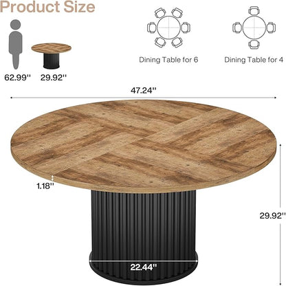 Tribesigns Round Dining Table for 4-6, 47-Inch Modern Circle Kitchen Table with Fluted Round Base, Farmhouse Wood Dinner Table for Dining Room, Kitchen, Living Room, Brown and Black